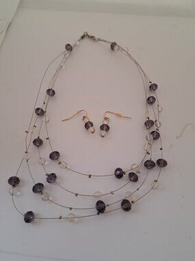 Women's 3 Strand Necklace Earring Set Purple